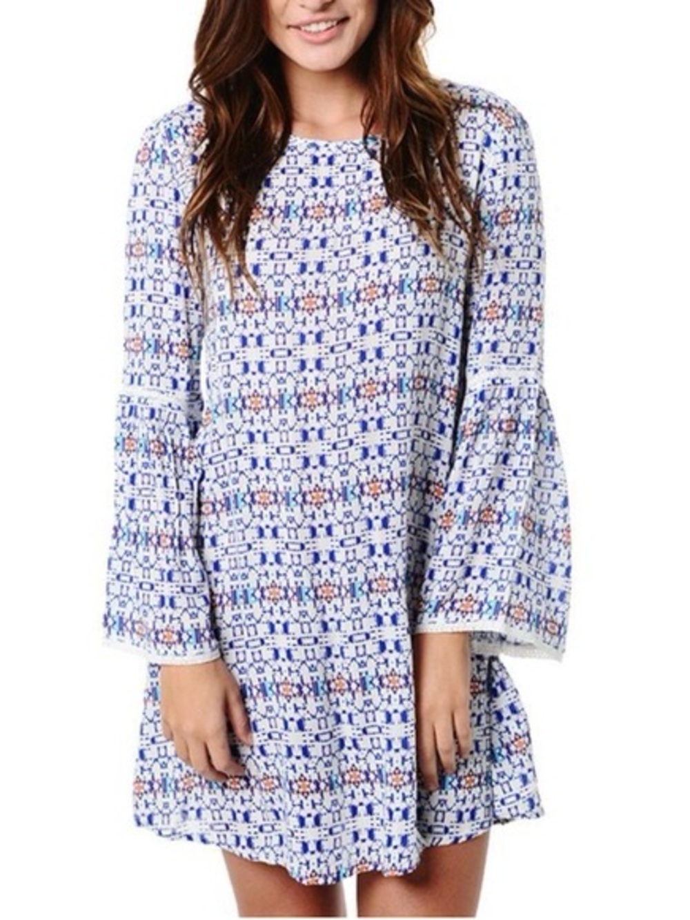 Roxy Boho Bell Sleeve Mini Dress in White & Blue Geometric